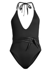 Solid & Striped Belted Halter One-Piece Swimsuit