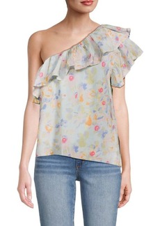 Something Navy Floral Ruffle One Shoulder Top
