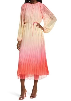 Something Navy Pleated Tie Waist Long Sleeve Maxi Dress in Pink Combo at Nordstrom