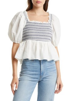 Something Navy Puff Sleeve Smocked Peplum Linen & Cotton Top in White at Nordstrom