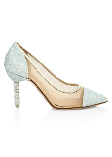 Sophia Webster Jasmine Embellished-Heel Glitter Leather & Mesh Pumps