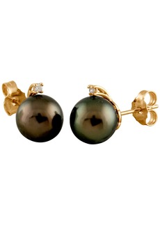Splendid 14k Gold Diamond Accented Tahitian Pearl Stud Earrings