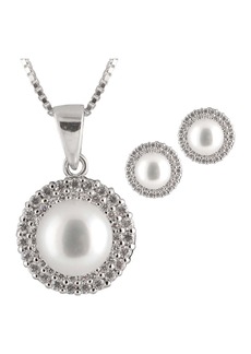 SPLENDID PEARLS 8-8.5mm Grey Freshwater Pearl & CZ Double Halo Pendant Necklace & Stud Earrings Set in White at Nordstrom Rack