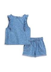 Splendid Little Girl's 2-Piece Bleach Splatter Denim Ruffled Top & Shorts Set