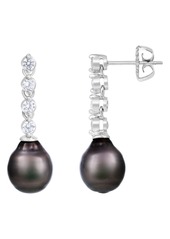 SPLENDID PEARLS Rhodium Plated Sterling Silver CZ & 6-7mm Tahitian Pearl Drop Earrings in Black at Nordstrom Rack