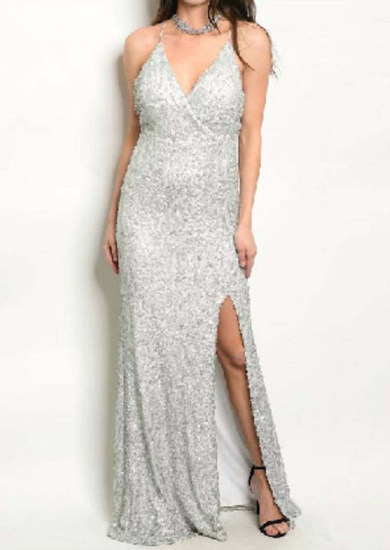 Spy Sequin Gown In White/silver