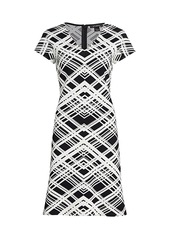 St. John Architectural Grid Jacquard Knit V-Neck A-Line Dress