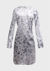 St. John Blur Leopard-Print Long-Sleeve Satin Crepe Dress