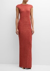 St. John Cap-Sleeve Slit-Hem Stretch Sequin Knit Gown