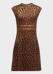 St. John Leopard Sequin Knit Cap-Sleeve A-Line Dress