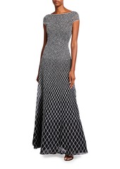 St. John Novelty Diamond Knit Bateau-Neck Cap-Sleeve Gown with Open Back Detail And Tulle Under Skirt 