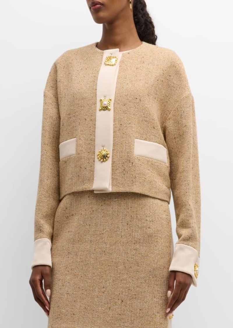 St. John Satin-Trim Button-Front Italian Tweed Jacket