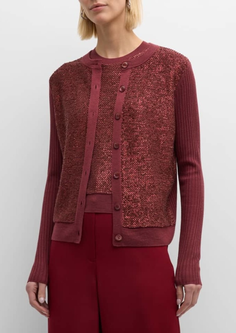 St. John Sequin Knit Crewneck Cardigan With Rib Back And Sleeves