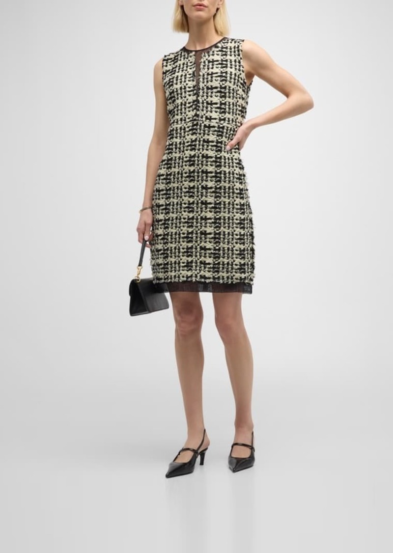 St. John Sleeveless Organza-Trim Metallic Slub Paillette Plaid Knit Dress