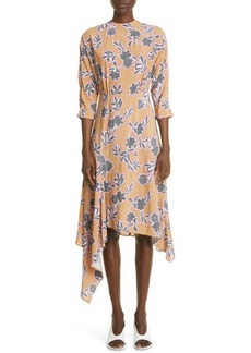 St. John Collection Floral Print Handkerchief Hem Silk Blend Midi Dress in Camel Multi at Nordstrom