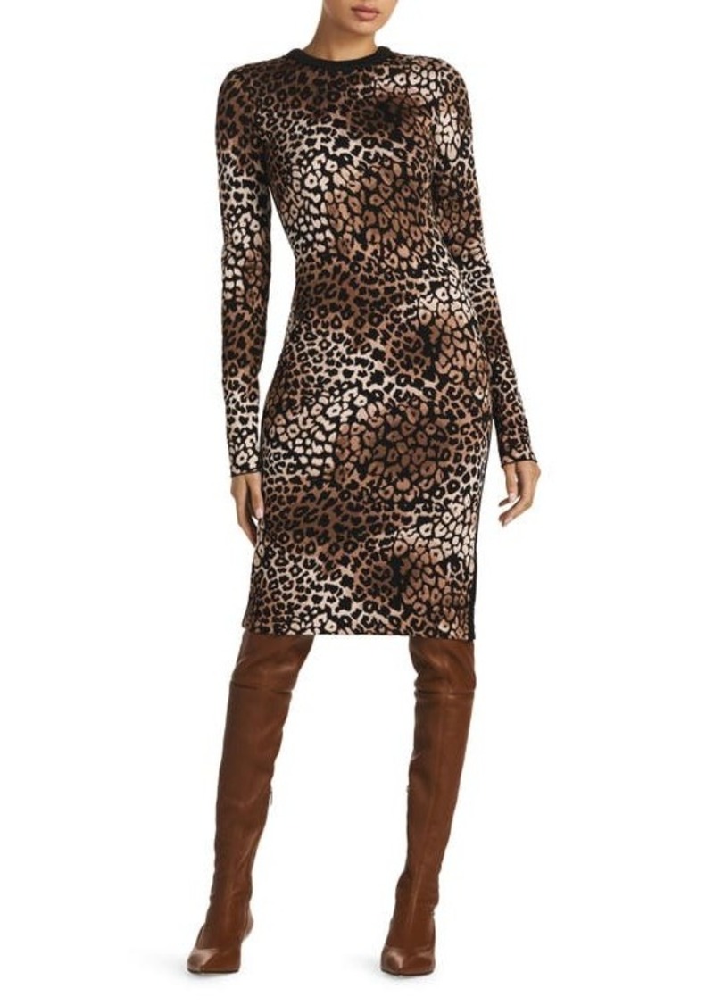 St. John Collection Leopard Jacquard Long Sleeve Body-Con Knit Dress