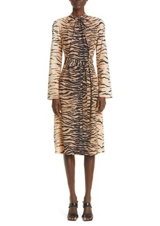 St. John Collection Tiger Print Keyhole Long Sleeve Silk Blend Midi Dress