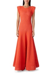 St. John Evening Cap Sleeve Eyelet Knit Fit & Flare Gown