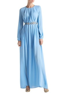 St. John Evening Chain Detail Long Sleeve Silk Georgette Dress