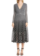 ST. JOHN Long Sleeve Diamond Knit Fit & Flare Midi Dress