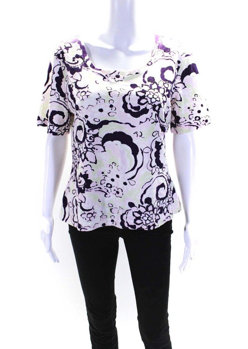 St. John Sport Womens Floral Print Short Sleeves Blouse Pink Purple