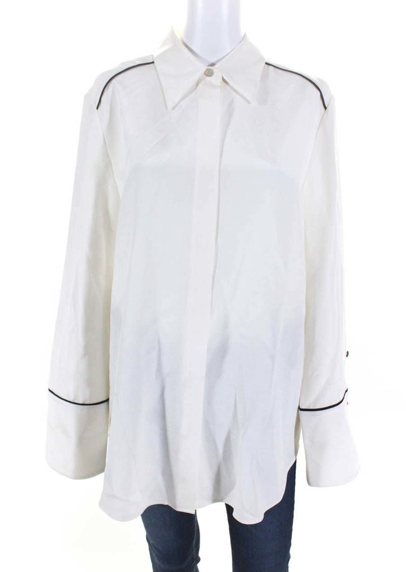 St. John Womens Button Front Collared Long Sleeve Silk Shirt White