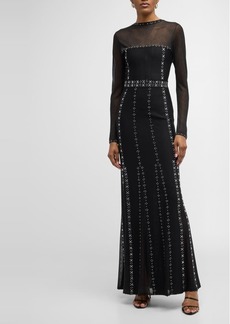 St. John Strass Embellished Long-Sleeve Pleated Pique Gown