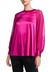 St. John Stretch Silk Charmeuse Blouse with Silk Georgette Sleeves