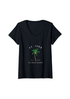 Womens St. John US Virgin Islands Colorful Palm Tree Retro Novelty V-Neck T-Shirt