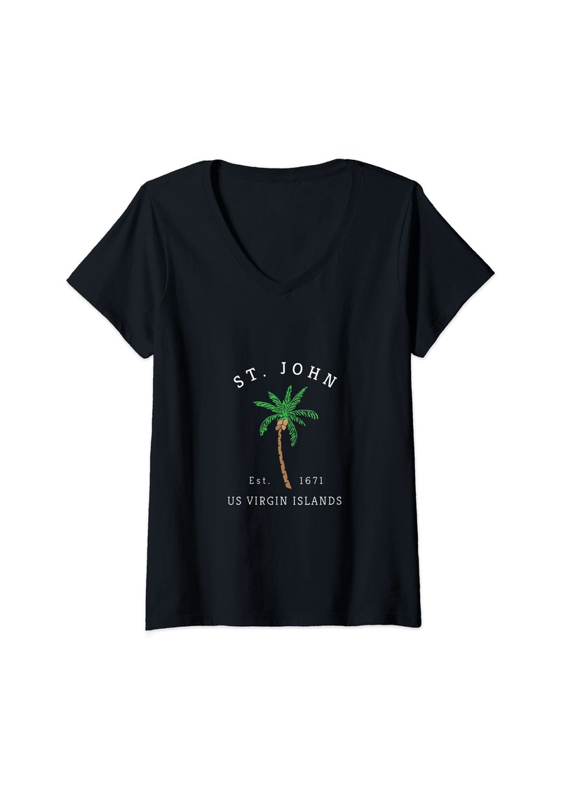 Womens St. John US Virgin Islands Colorful Palm Tree Retro Novelty V-Neck T-Shirt