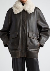 Stand Studio Danata Genuine Shearling Collar Lambskin Leather Jacket