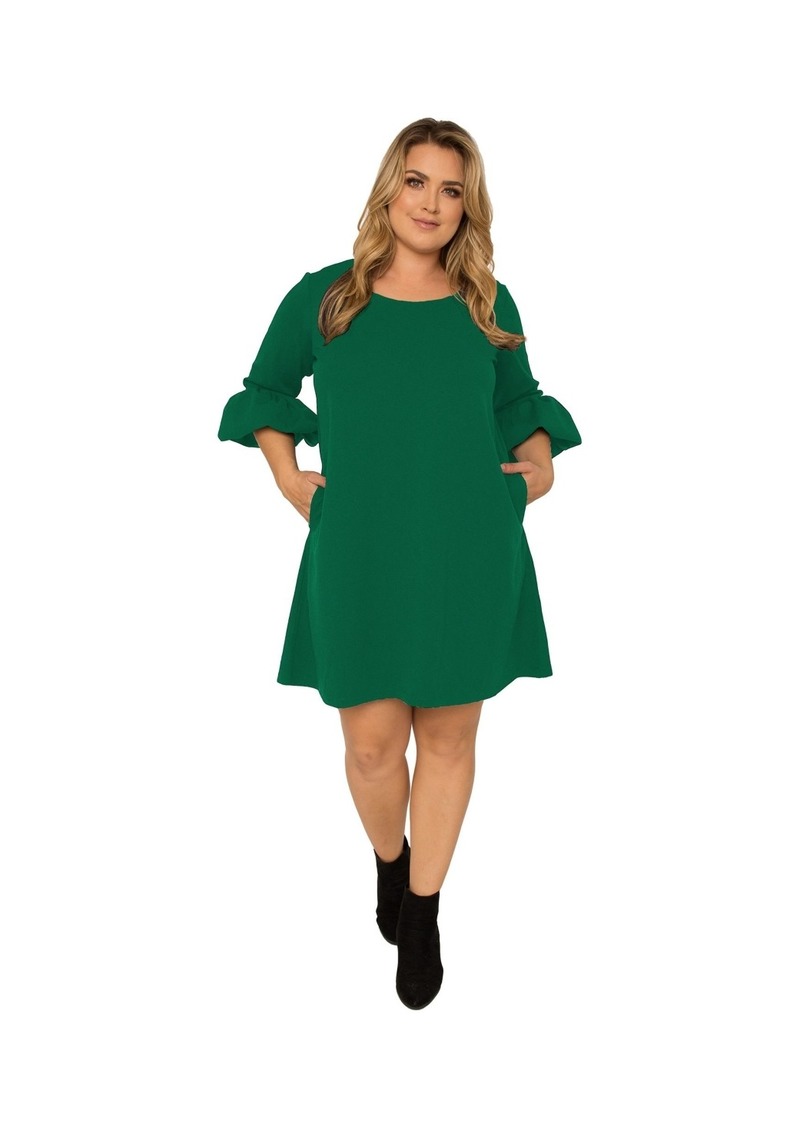 Standards & Practices Plus Size Crepe Knit 3/4 Balloon Sleeves Midi Shift Dress - Green