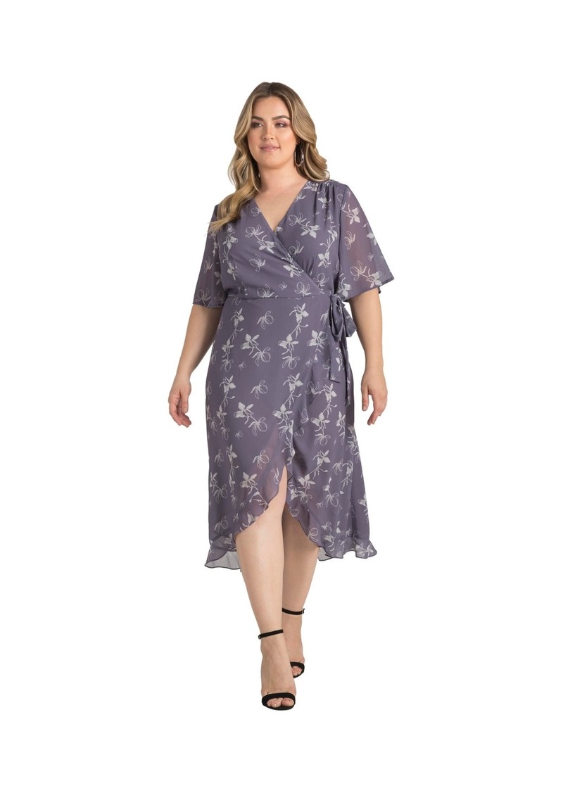 Standards & Practices Plus Size Lavender Flutter Sleeve Ruffle Hem Wrap Dress Maxi Length - Dark purple