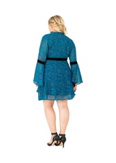 Standards & Practices Plus Size Teal Wrap Over Flared Sleeve Skirt Dress - Paisley floral