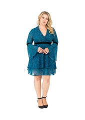 Standards & Practices Plus Size Teal Wrap Over Flared Sleeve Skirt Dress - Paisley floral