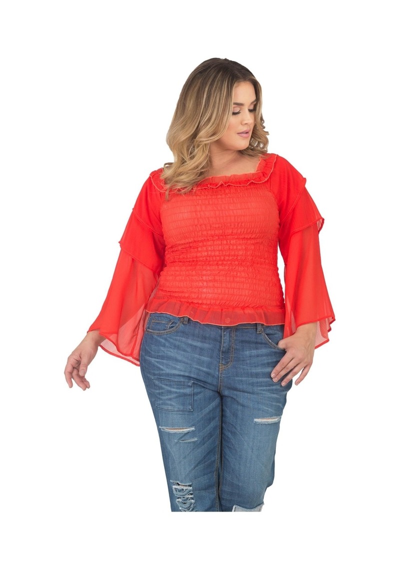 Standards & Practices Plus Size Tiered Sleeves Smocked Waist Blouse - Orange tiger lily