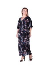 Standards & Practices Plus Size V-Neck Print Kimono Wrap Maxi Dress - Black tropical print