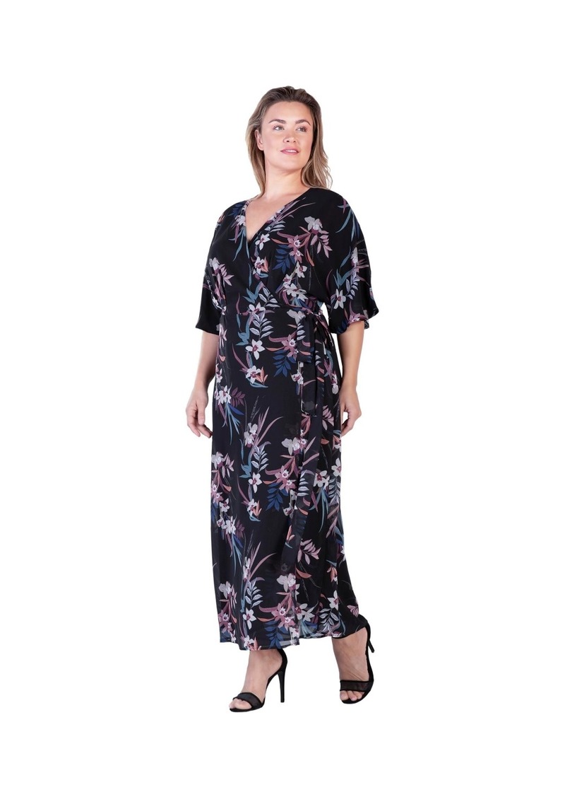 Standards & Practices Plus Size V-Neck Print Kimono Wrap Maxi Dress - Black tropical print