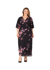 Standards & Practices Plus Size V-Neck Print Kimono Wrap Maxi Dress - Black tropical print