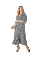 Standards & Practices Plus Size V-Neck Print Kimono Wrap Maxi Dress - Black tropical print