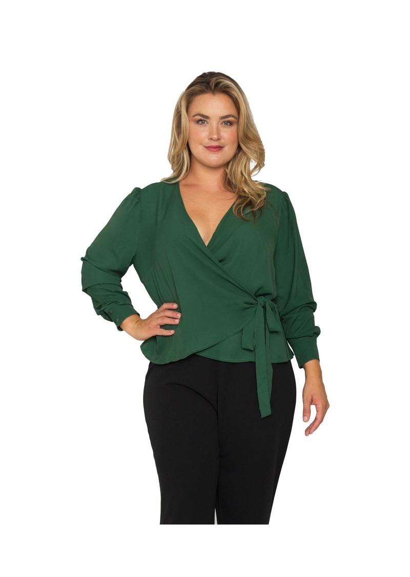 Standards & Practices Plus Size Wrap Tie Long Sleeve Blouse - Green