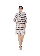 Standards & Practices Women's Cute Dog Print And Adjustable Waist Band Mini Dress - Cream navy