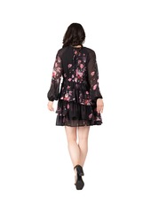 Standards & Practices Women's Floral Printed Tiered Swing Shift V Neck Mini Dress - Black floral