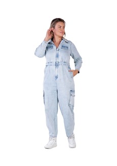 Standards & Practices Women's Plus Size Long Sleeves Denim Cargo Jumpsuit - Bleached blue