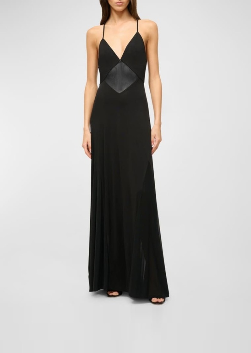 STAUD Fleur Mesh Panel Low-Cut V-Neck Maxi Dress