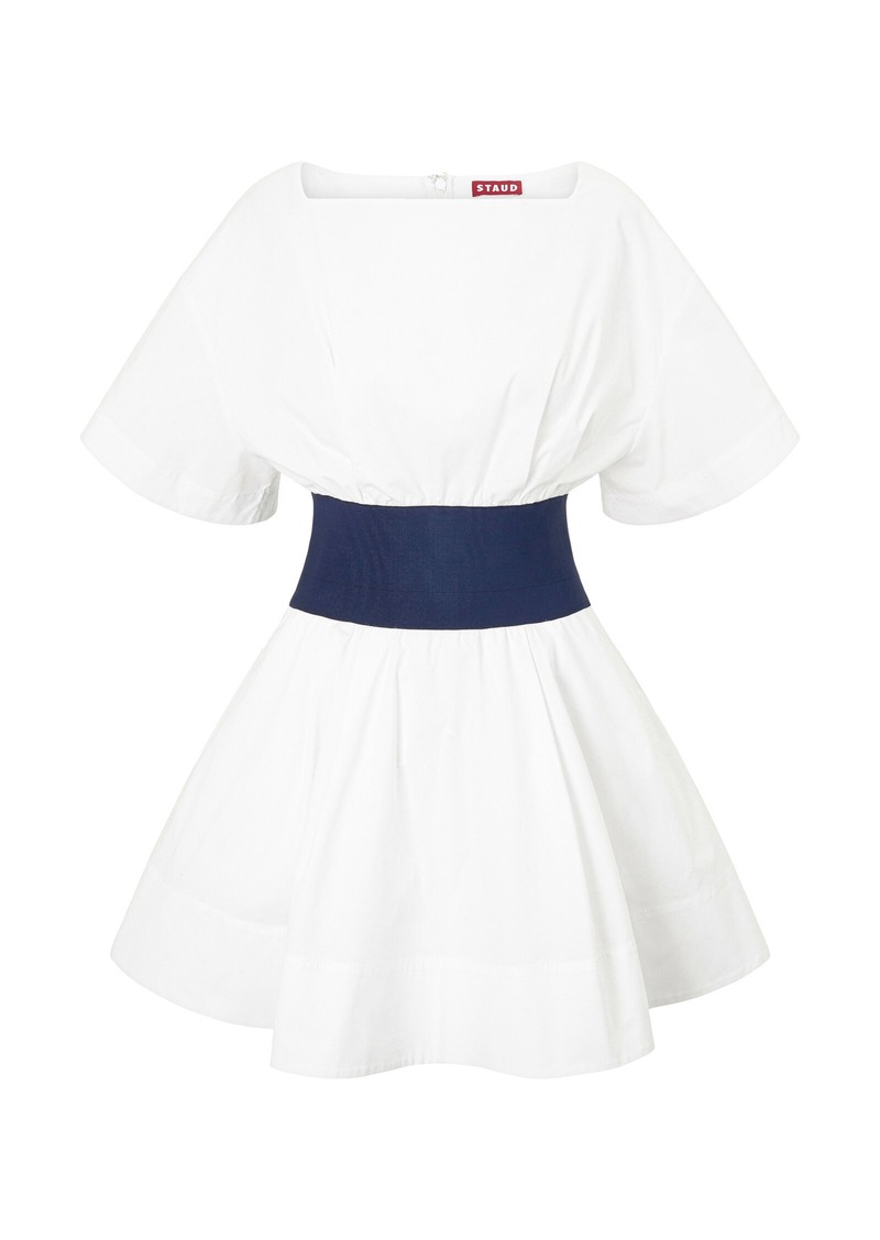 STAUD - Amy Denim-Paneled Cotton Poplin Mini Dress - Navy - L - Moda Operandi