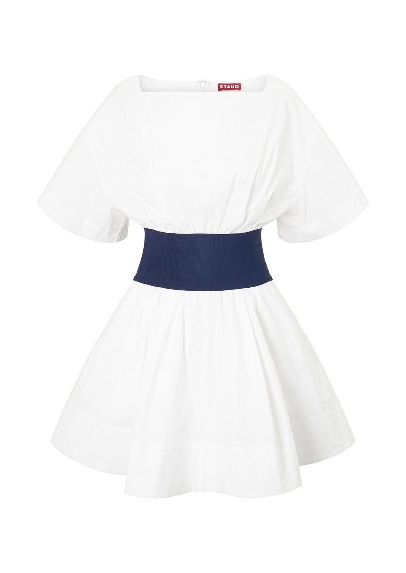 STAUD - Amy Denim-Paneled Cotton Poplin Mini Dress - Navy - XS - Moda Operandi