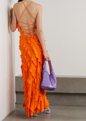 Staud - Elvire lace-up ruffled crepe maxi dress - Orange - XS