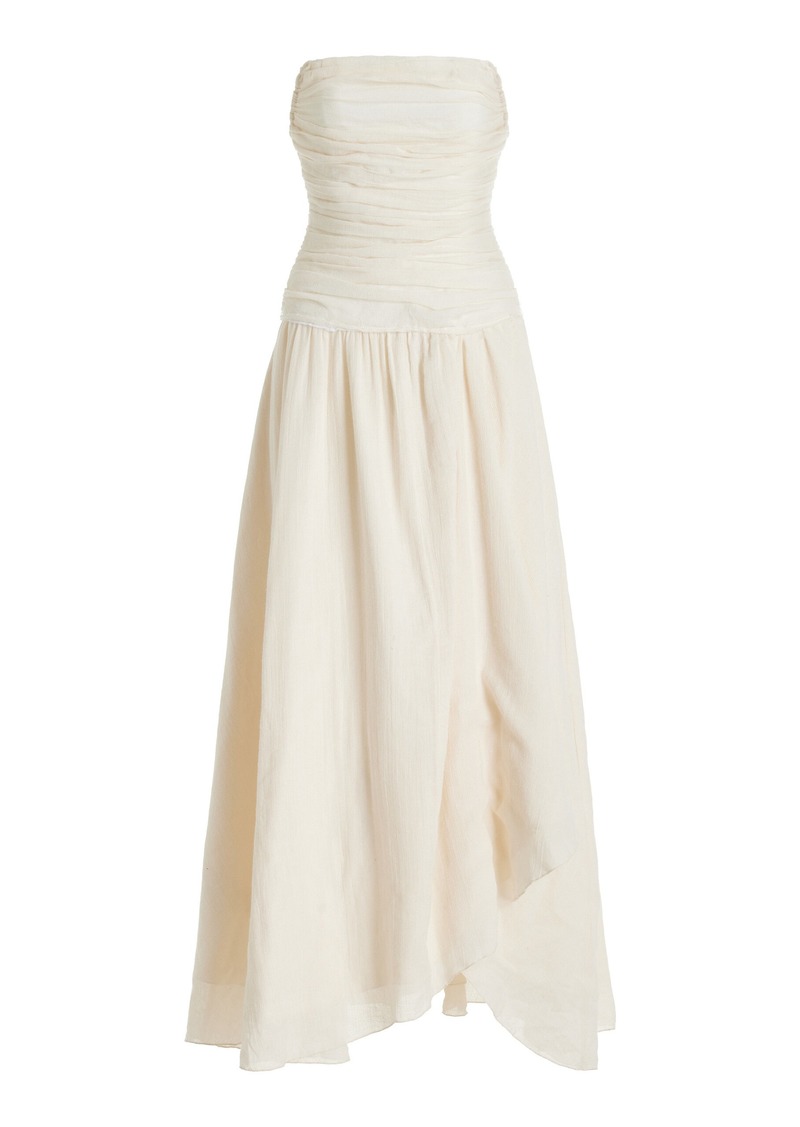 STAUD - Hightide Ruched Drop-Waist Cotton-Ramie Maxi Dress - White - US 12 - Moda Operandi