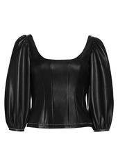 STAUD Swells Faux Leather Puff-Sleeve Top